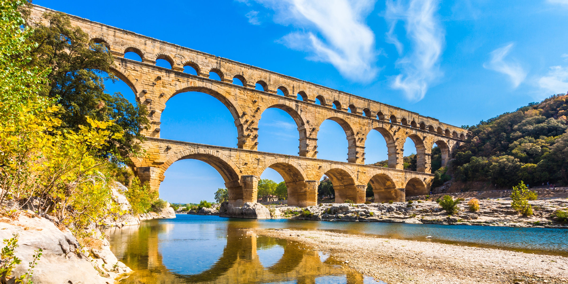 The Pont du Gard, the ancient Roman aqueduct in Provence, at golden hour